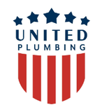 Logo of United Plumbing: red, white, and blue shield with stars, vertical stripes, and the company name.