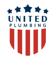 Logo of United Plumbing: red, white, and blue shield with stars, vertical stripes, and the company name.