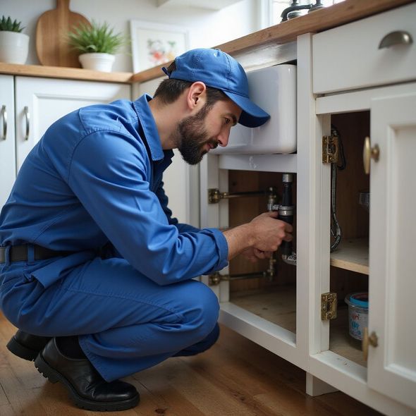 Plumber in blue uniform crouching under a kitchen sink, working on pipes.