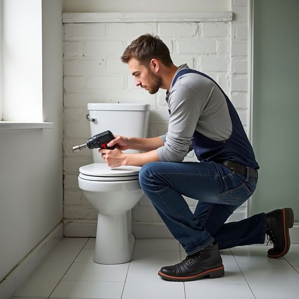 Man in overalls kneeling, using a drill on a toilet in a bathroom.