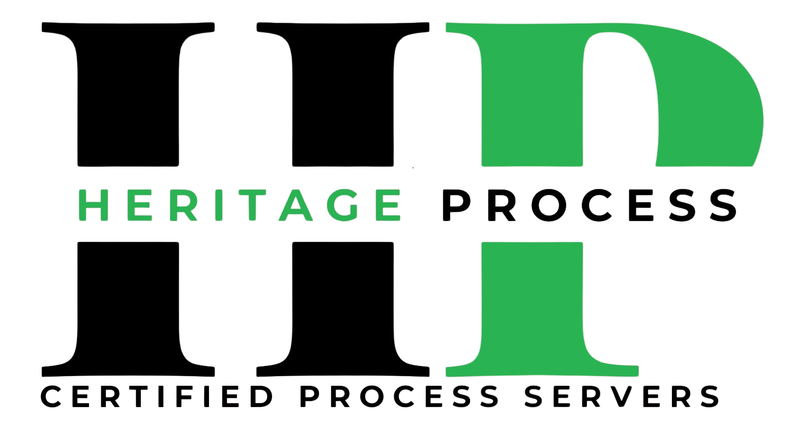 The logo for heritage process is black and green.