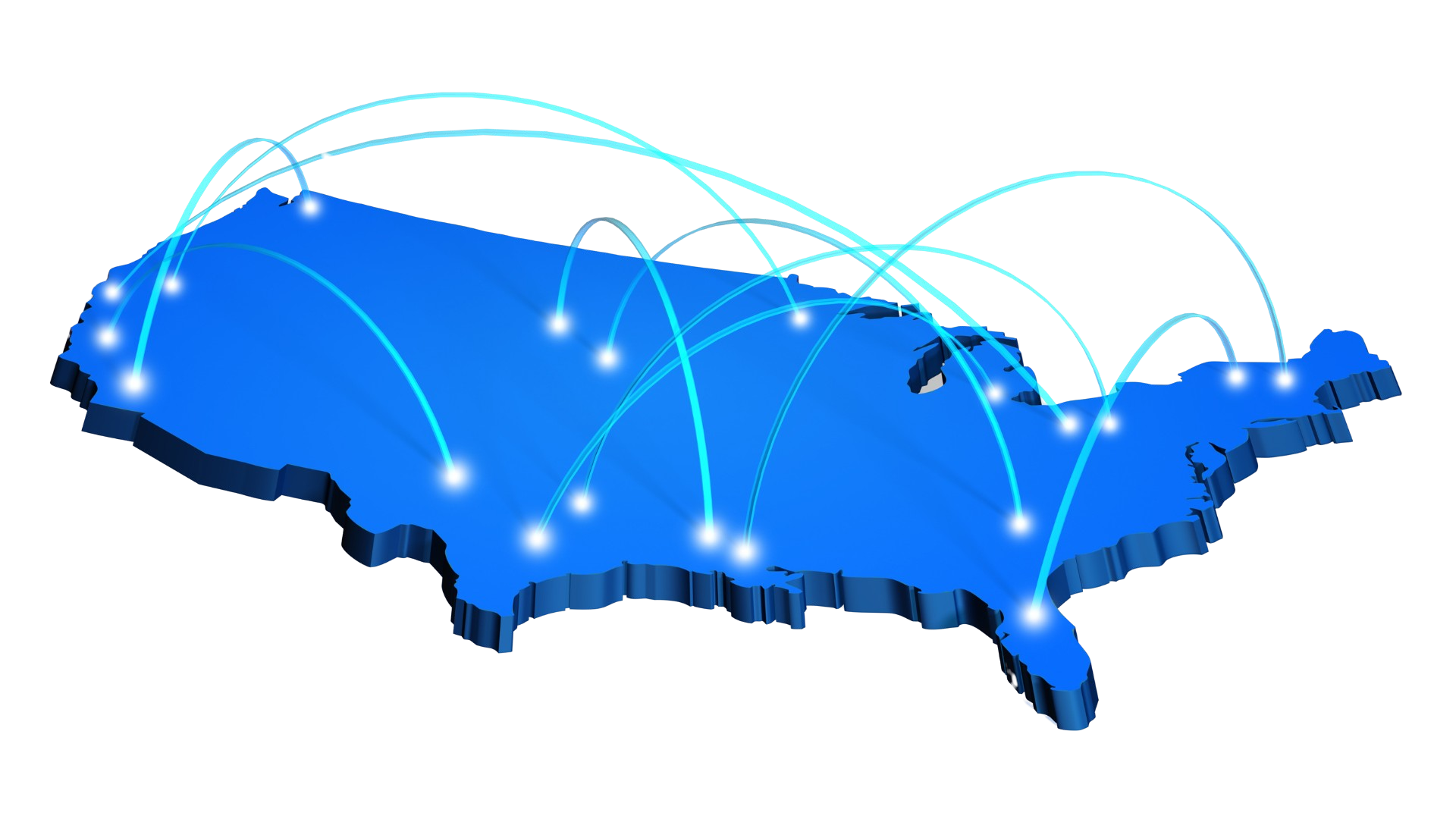 A blue map of the united states with a lot of connections