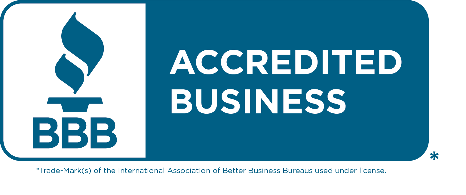 BBB Accredited Business logo, a blue rectangle with a stylized flame and the letters 