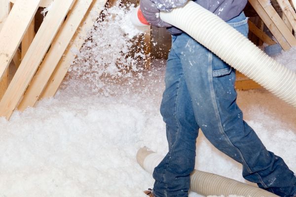 a worker installing loose-fill fiberglass insulation in an attic
