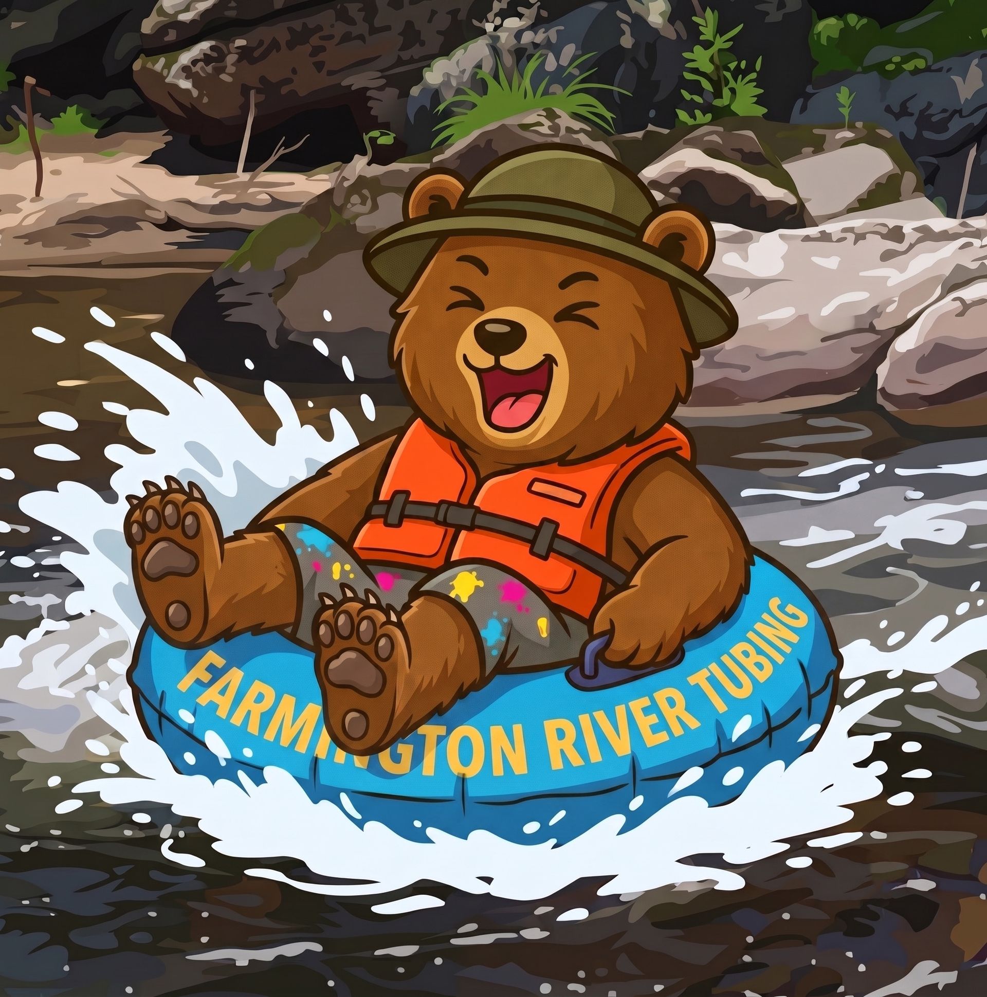 Cartoon bear in an orange vest tubing through river rapids with “Farmington River Tubing” on the tube