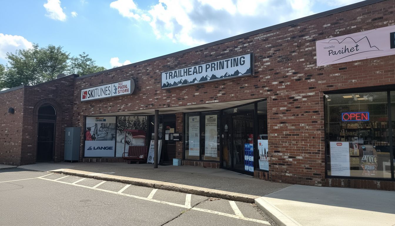 Exterior of Trailhead Printing storefront in Simsbury, Connecticut, featuring signage