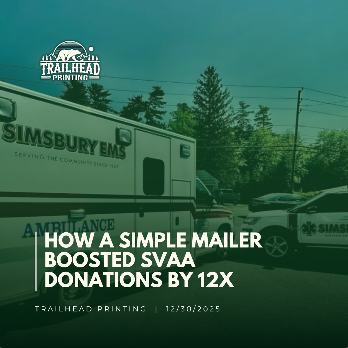 An ambulance and SUV parked outside, with text overlay: 