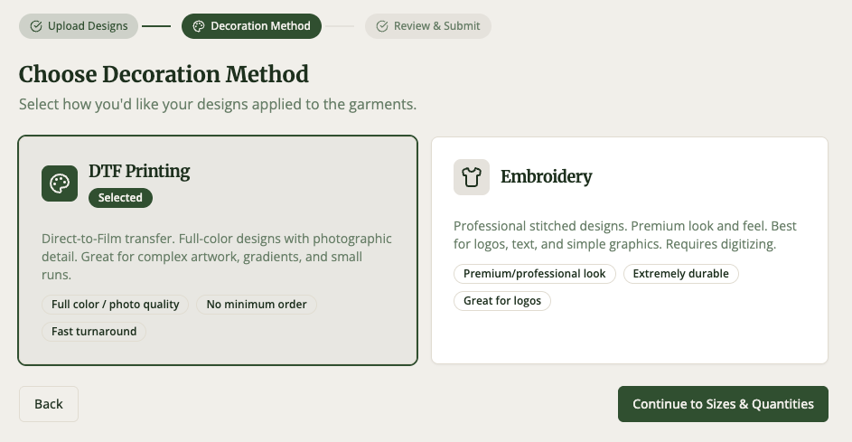 Trailhead Printing custom apparel portal with design upload, garment selection, and instant quote summary.