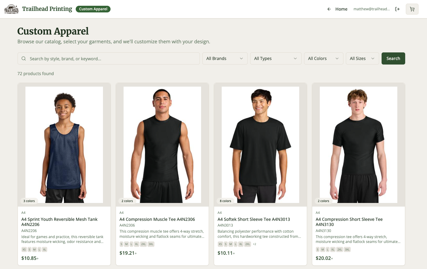 Online custom apparel ordering portal showing garment selection, design upload, decoration method options, size selection, and instant price estimate.