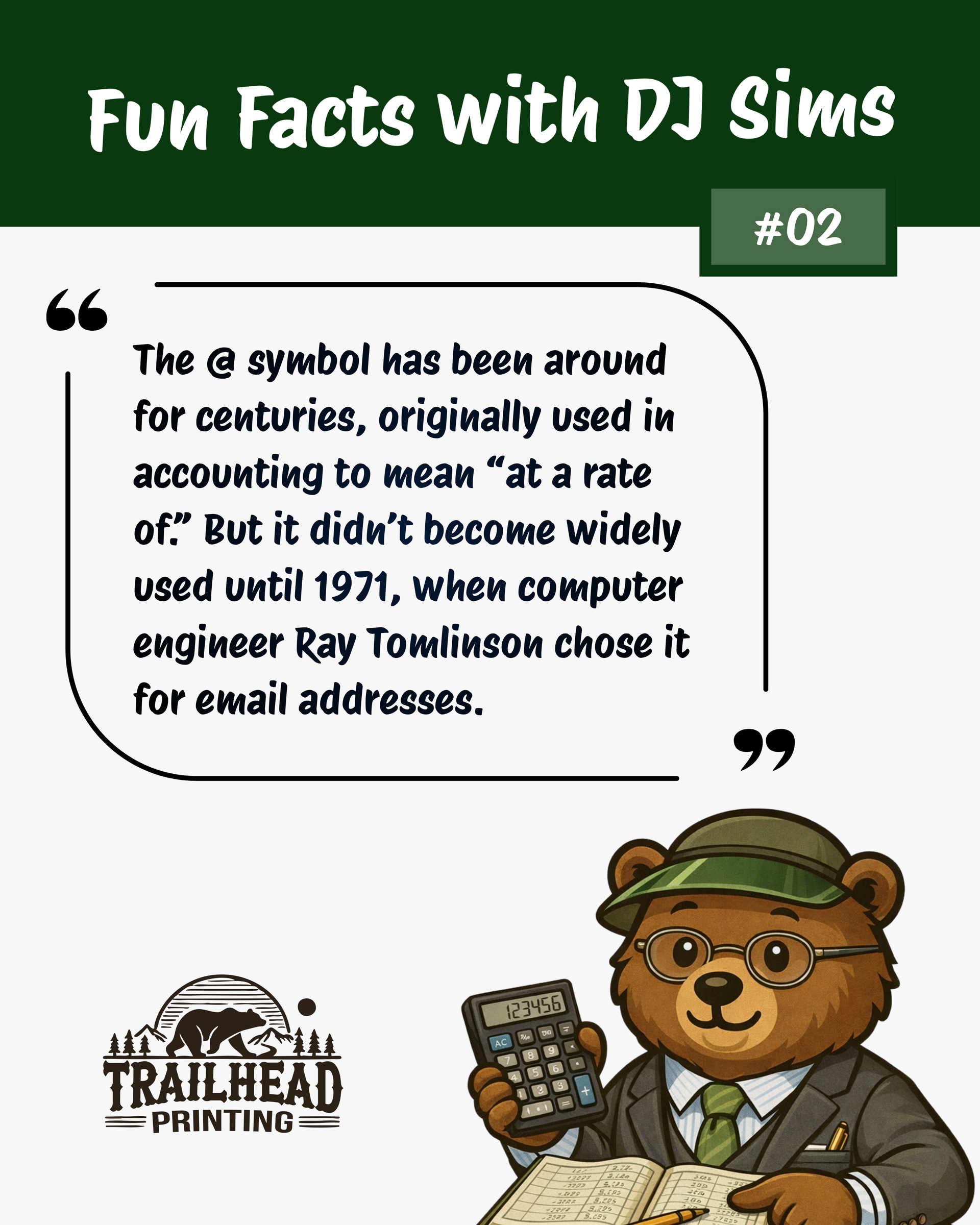 DJ Sims the bear dressed as an accountant, wearing a suit and visor, holding a calculator and ledger