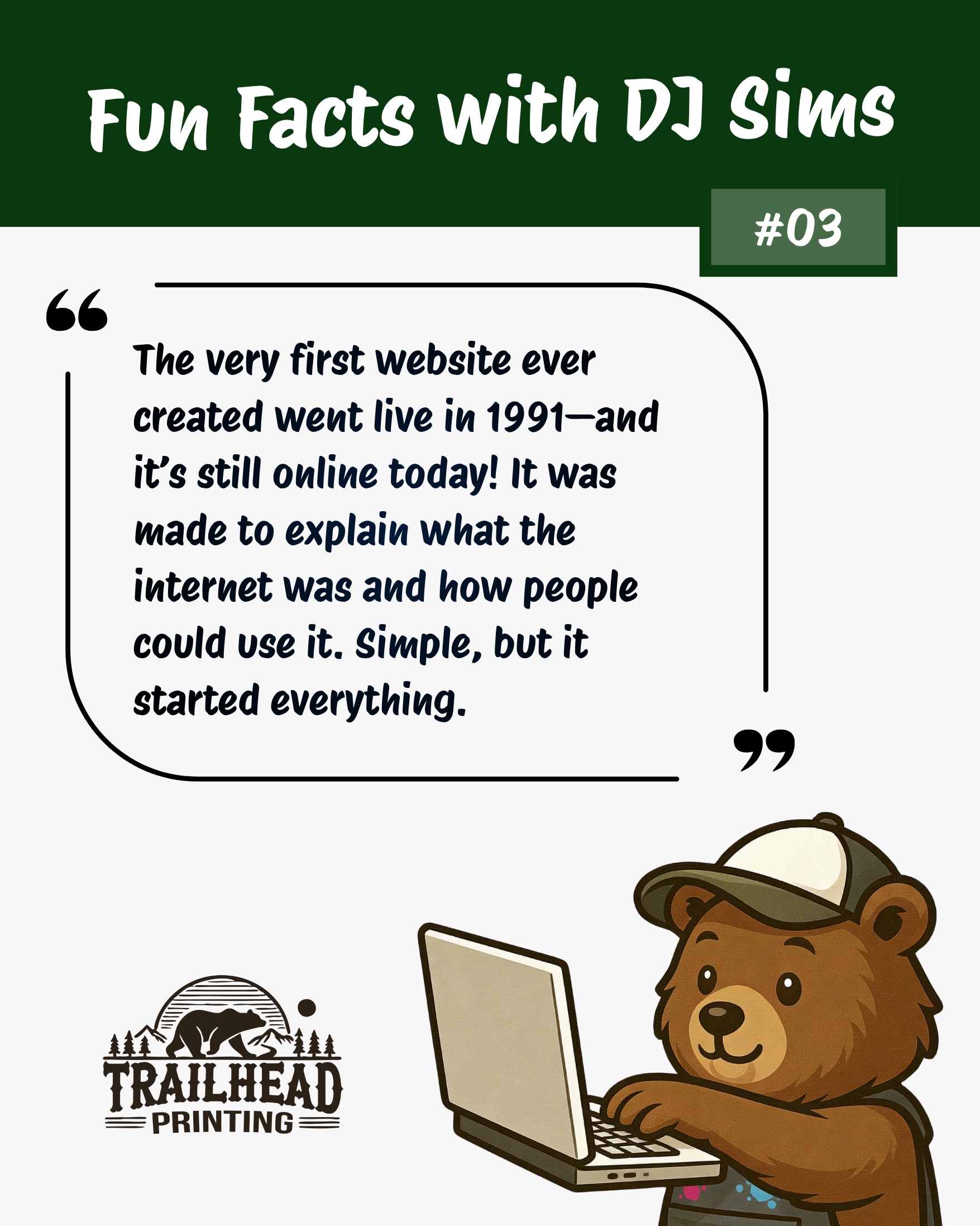 Fun fact card with a bear DJ and a note about the @ symbol, on a dark green background.