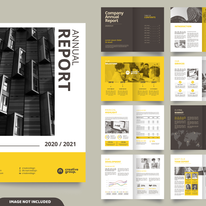Annual report layout with a black and white building photo, yellow accents, and various data pages.