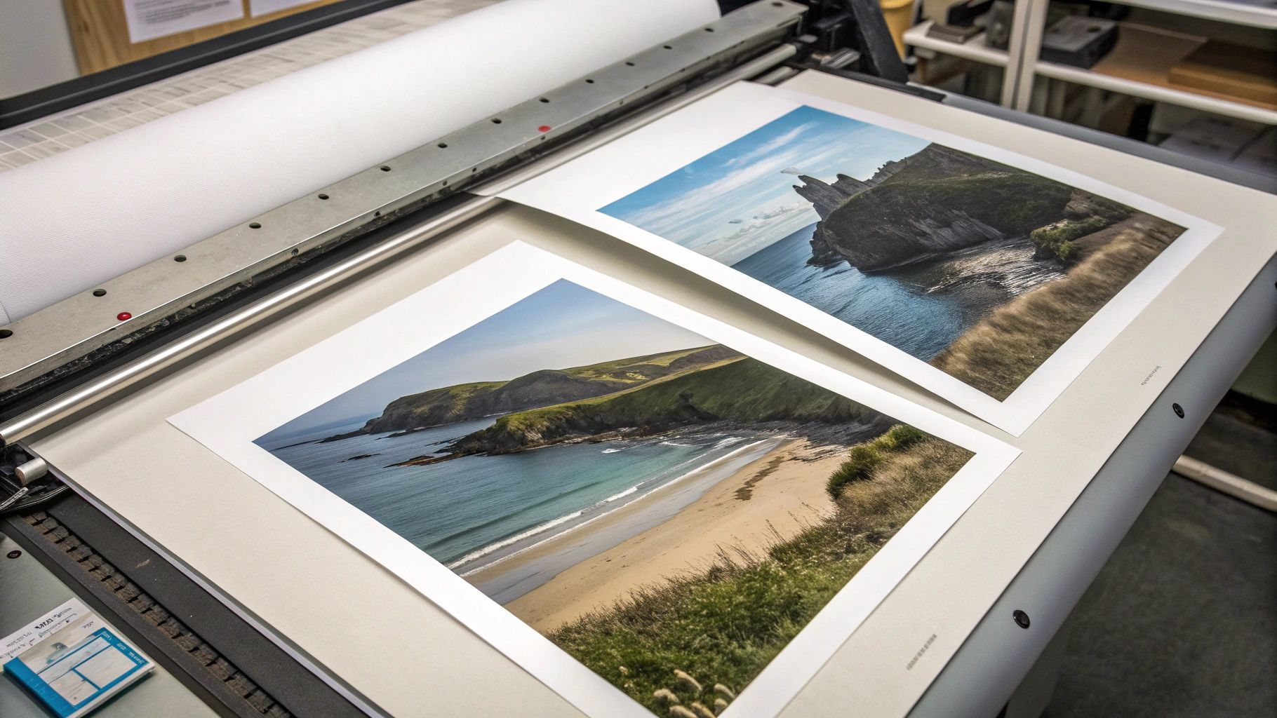 Two landscape photographs on a large format printer, capturing a beach and coastline, in a bright, sunny setting.