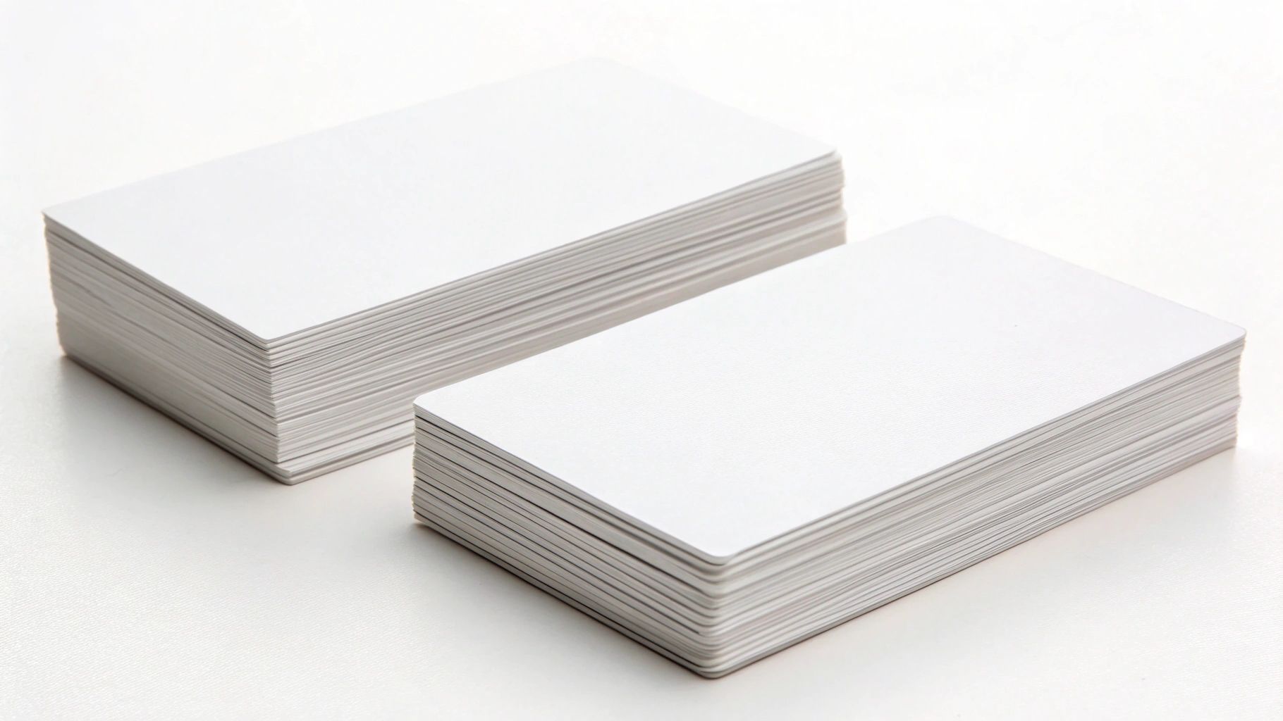 Two stacks of blank white business cards on a white surface.