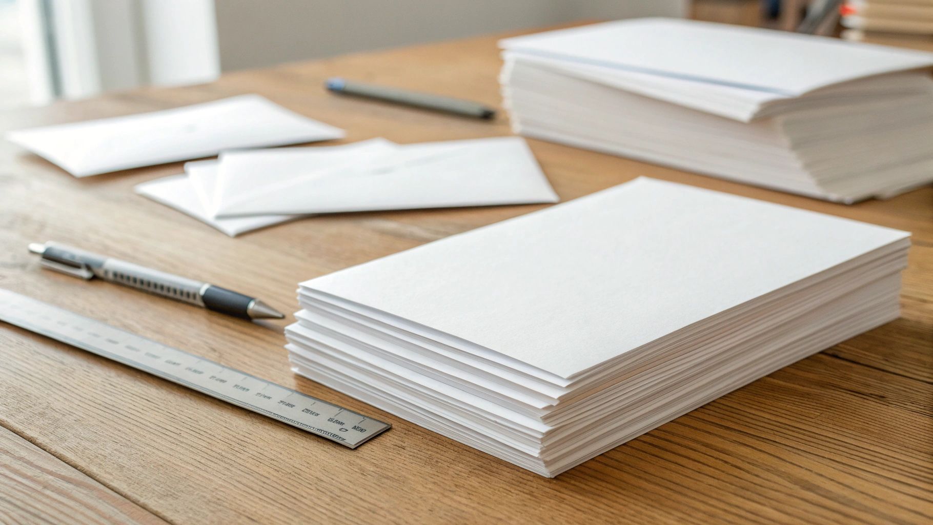Stack of white envelopes and paper with pens and a ruler on a wooden desk.