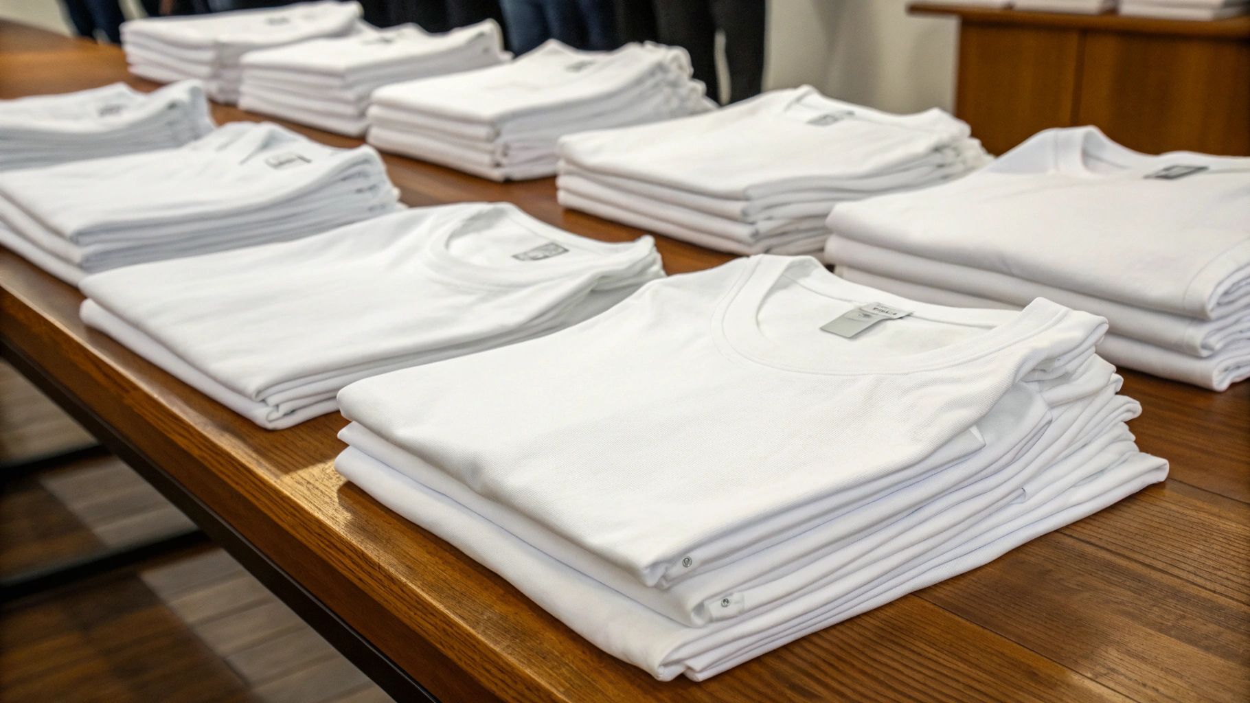 Stacks of folded white t-shirts on a wooden table.