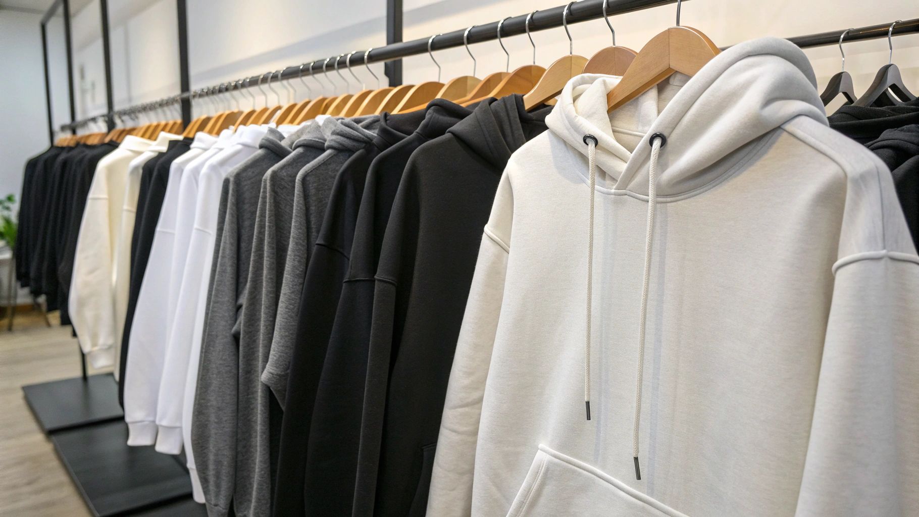 Row of hoodies on hangers in a clothing store, ranging in color from black to white.