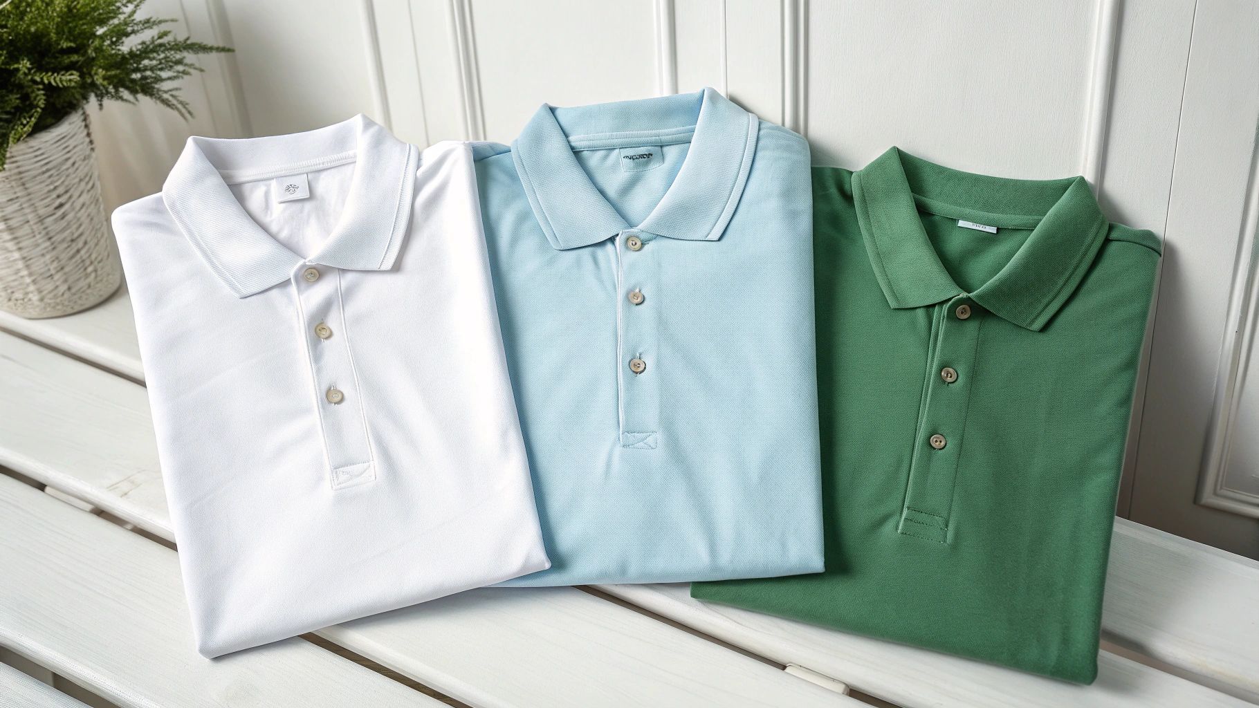 Three polo shirts: white, light blue, and green, lying folded on a white slatted surface.