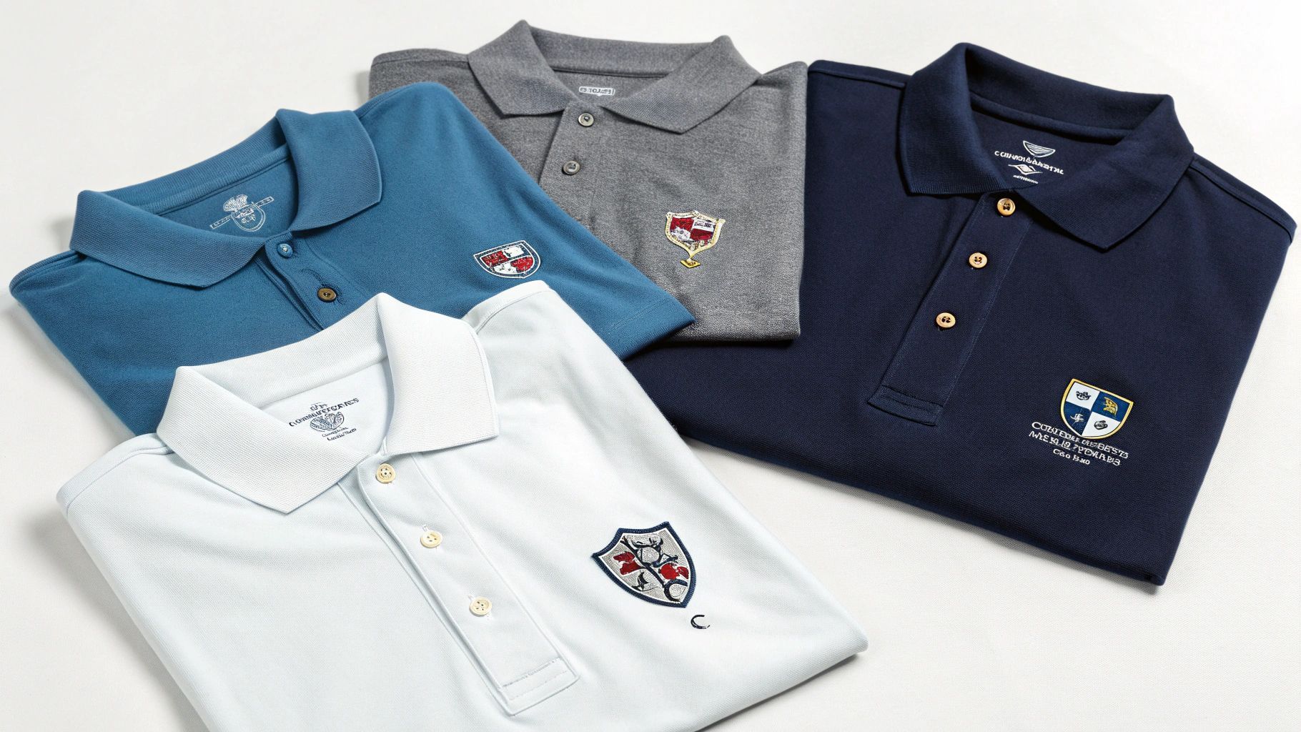 Four polo shirts in blue, gray, navy, and white; each with a crest emblem on the chest.