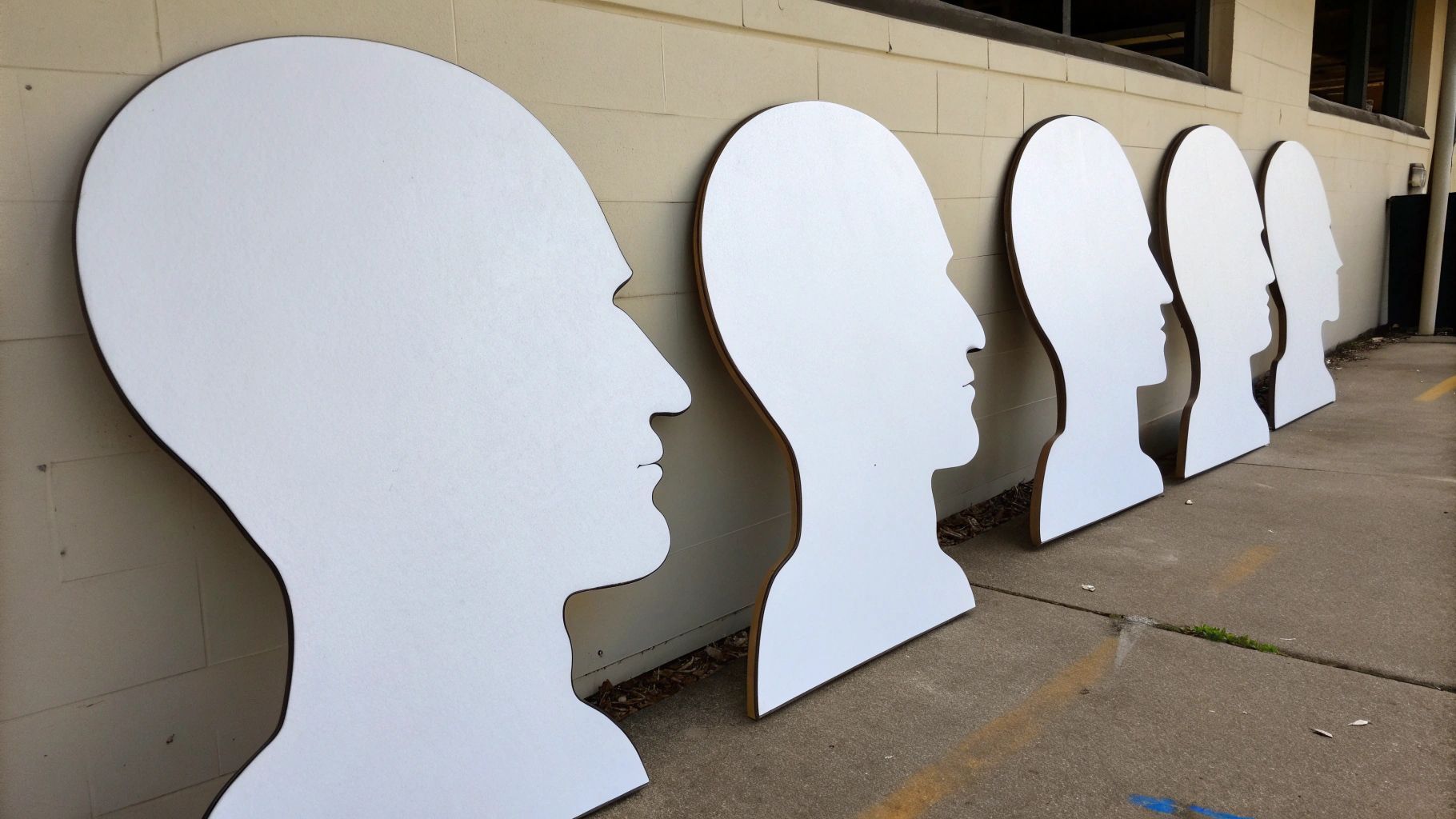 White head silhouettes leaning against a gray brick wall, lined up outdoors.