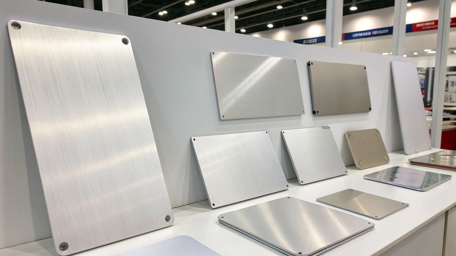 Display of various metallic panels on a white shelf at a trade show, showcasing different textures and finishes.