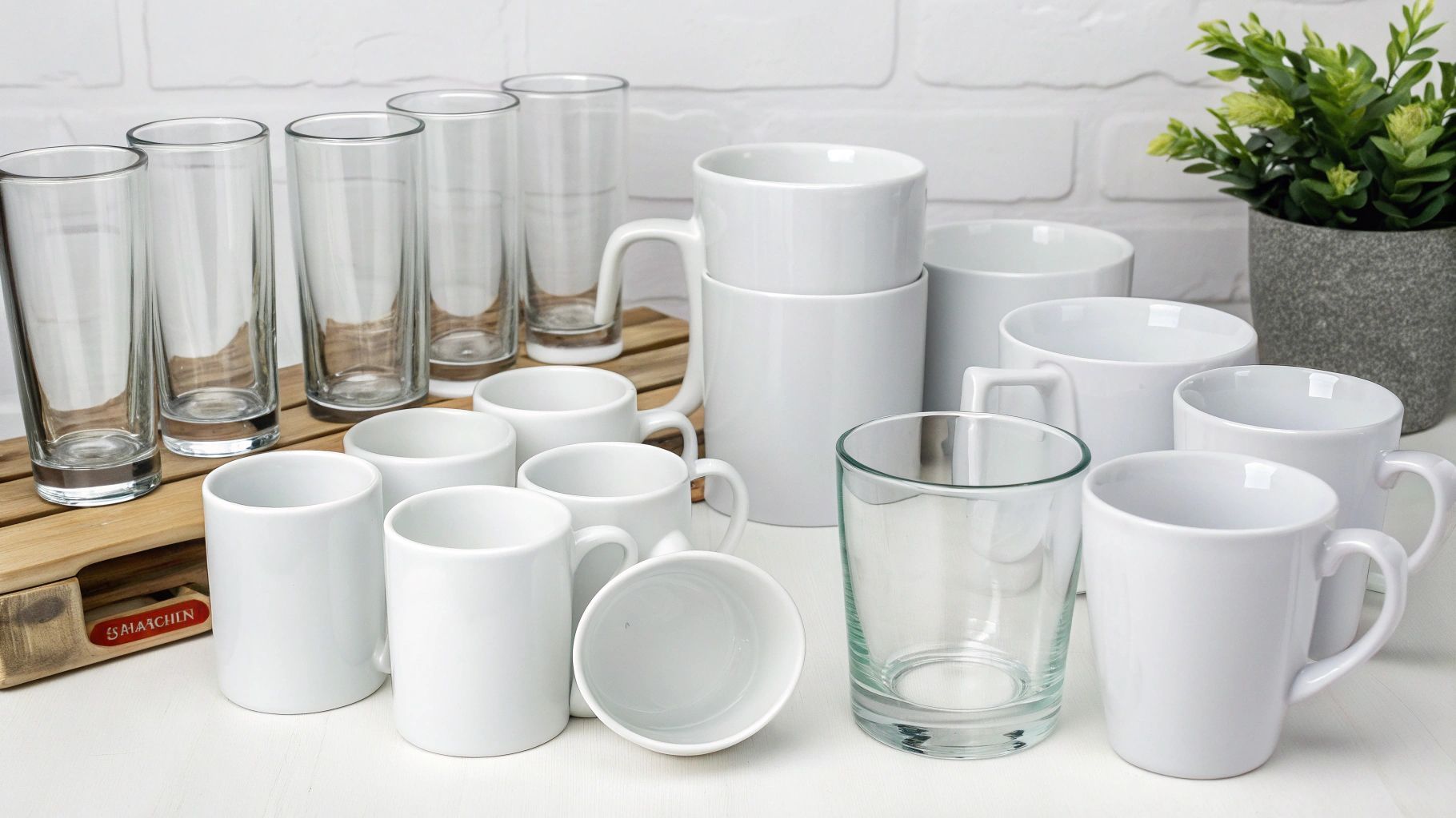 Assortment of clear drinking glasses and white ceramic mugs on a light surface.