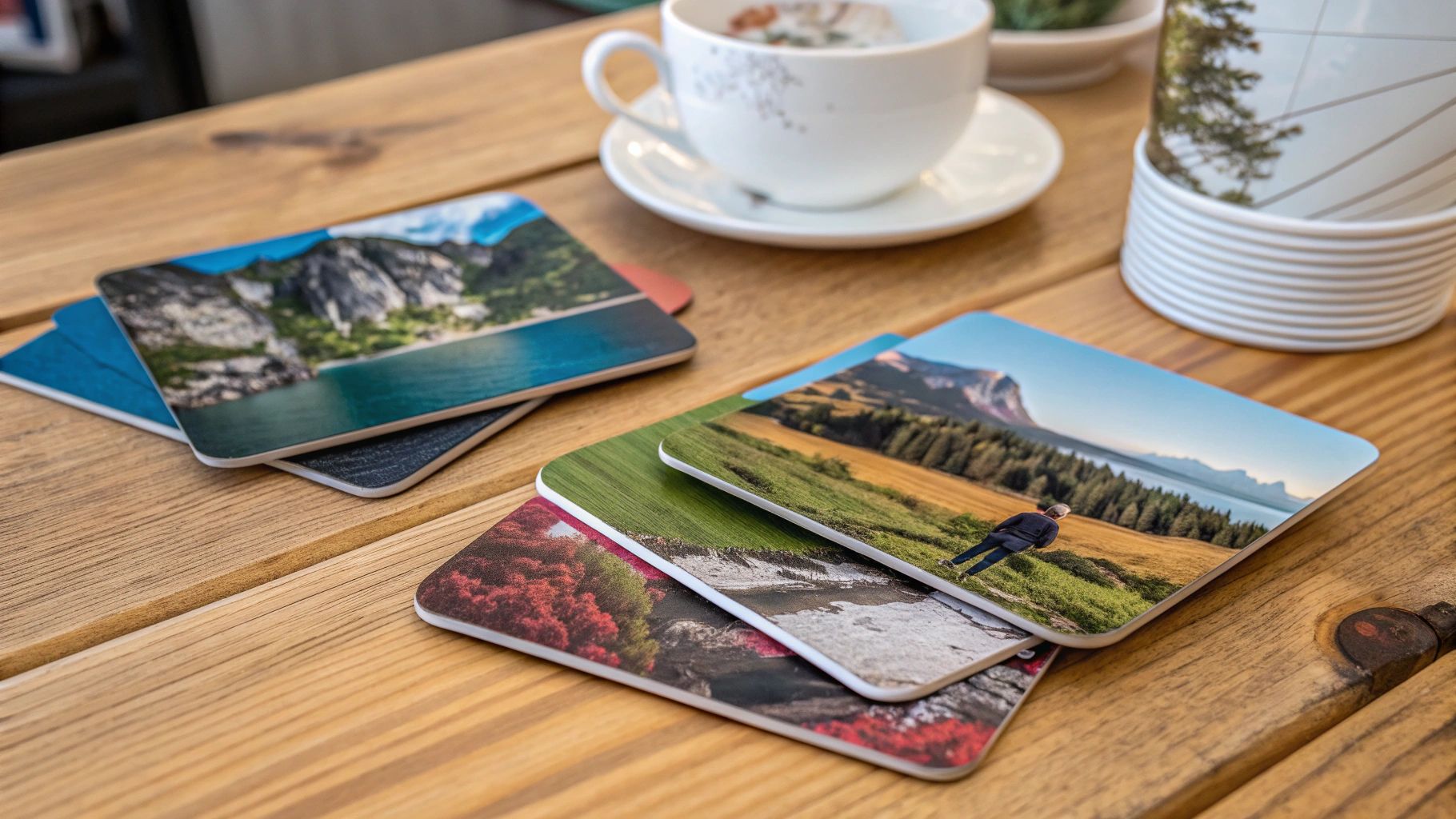 Coasters with nature scene photos on a wooden table, near a teacup and stacked paper cup.