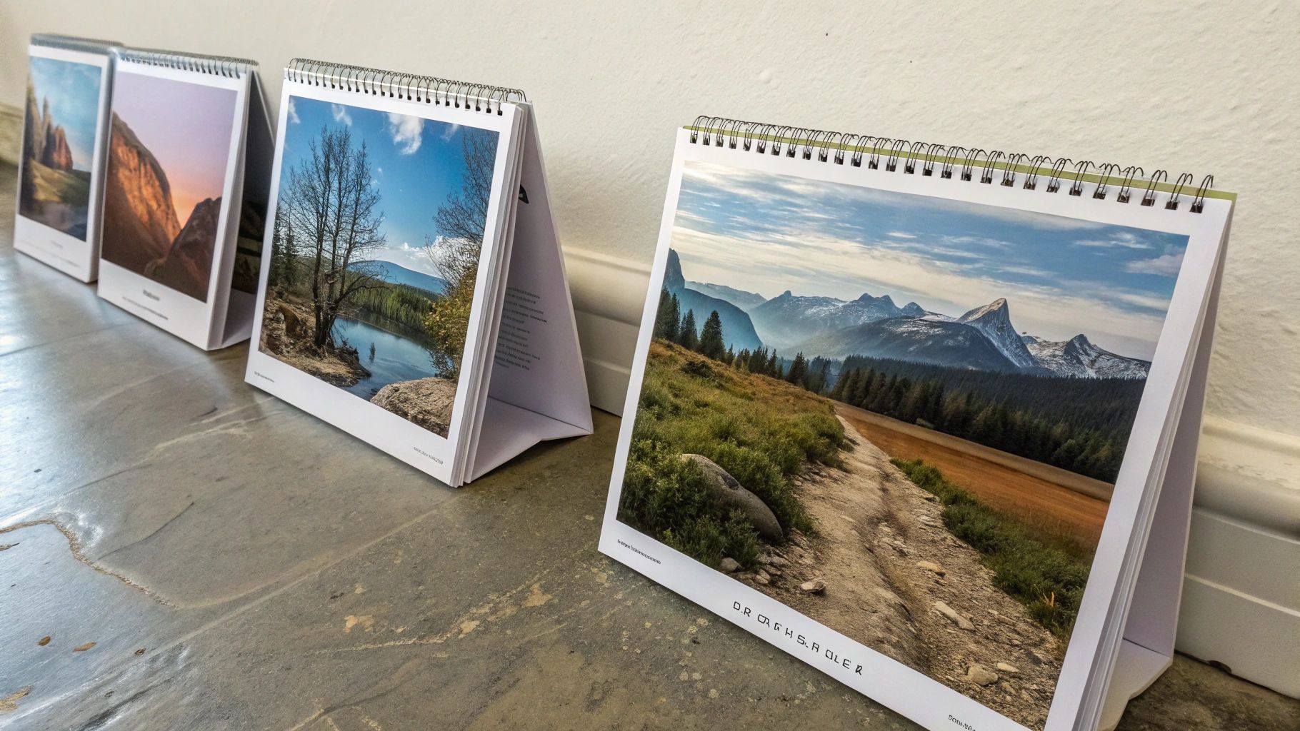 Four landscape calendars in a row, displaying nature scenes, leaning on a stone floor against a white wall.