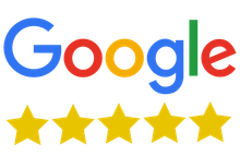 Google logo with five gold stars.