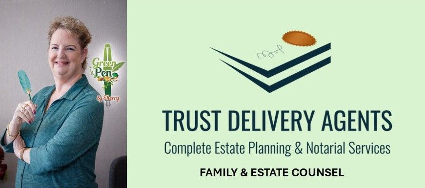 A group of people are standing in front of a sign that says certified notary trust delivery agent.