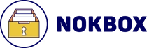 A logo for a company called nokbox with a padlock A logo for a company called nokbox with a padlock