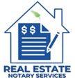 A logo for real estate notary services with a house , money , and a pencil.