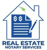 A logo for real estate notary services with a house and a pencil.