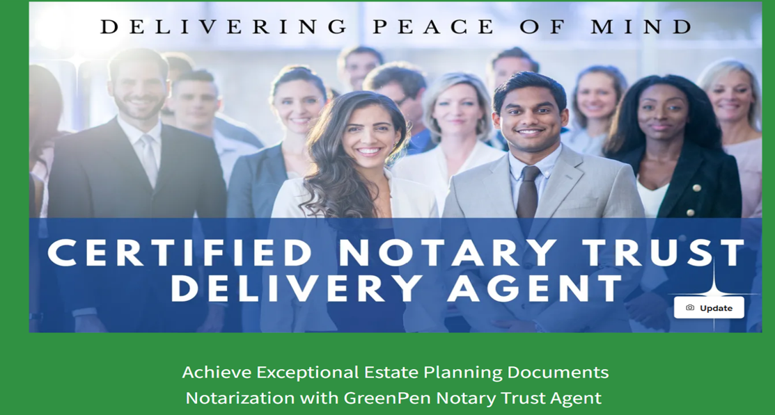 A group of people are standing in front of a sign that says certified notary trust delivery agent. A group of people are standing in front of a sign that says certified notary trust delivery agent.