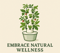 A logo for embrace natural wellness with a tomato plant in a pot.