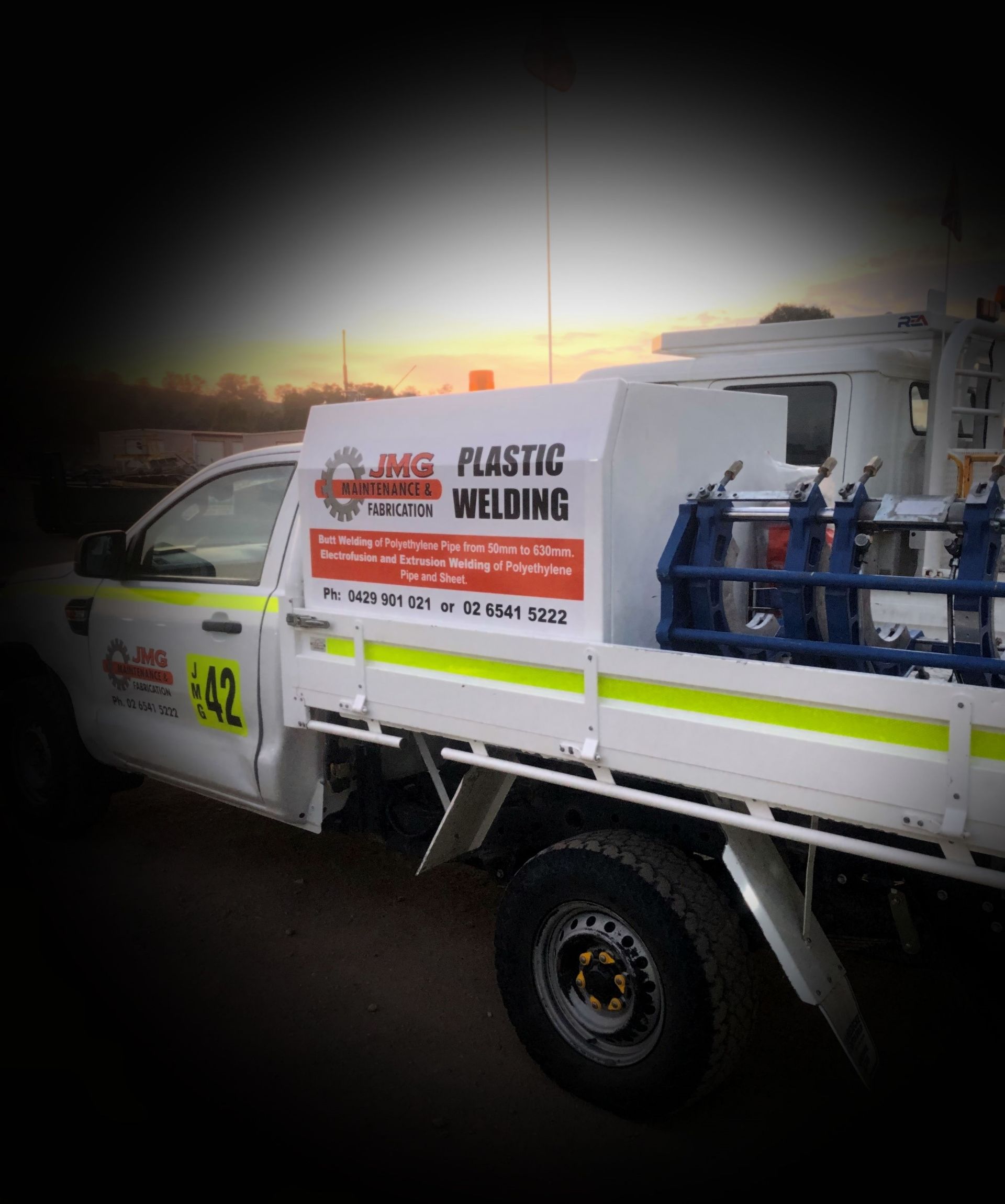 A White Truck With A Sign On The Side That Says Plastic Welding — JMG Maintenance & Fabrication In Muswellbrook NSW