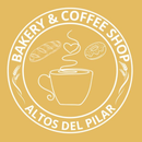 Logotipo de una panadería y cafetería con una taza de café, pan, dona y el texto 