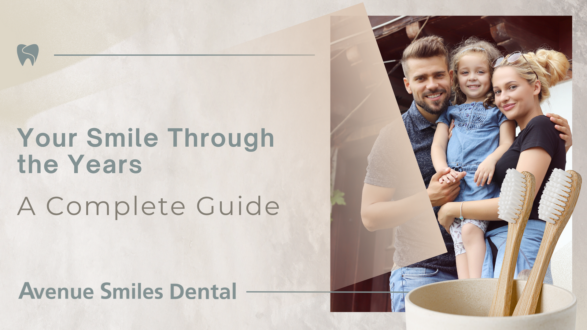 A family is standing next to a cup of toothbrushes.