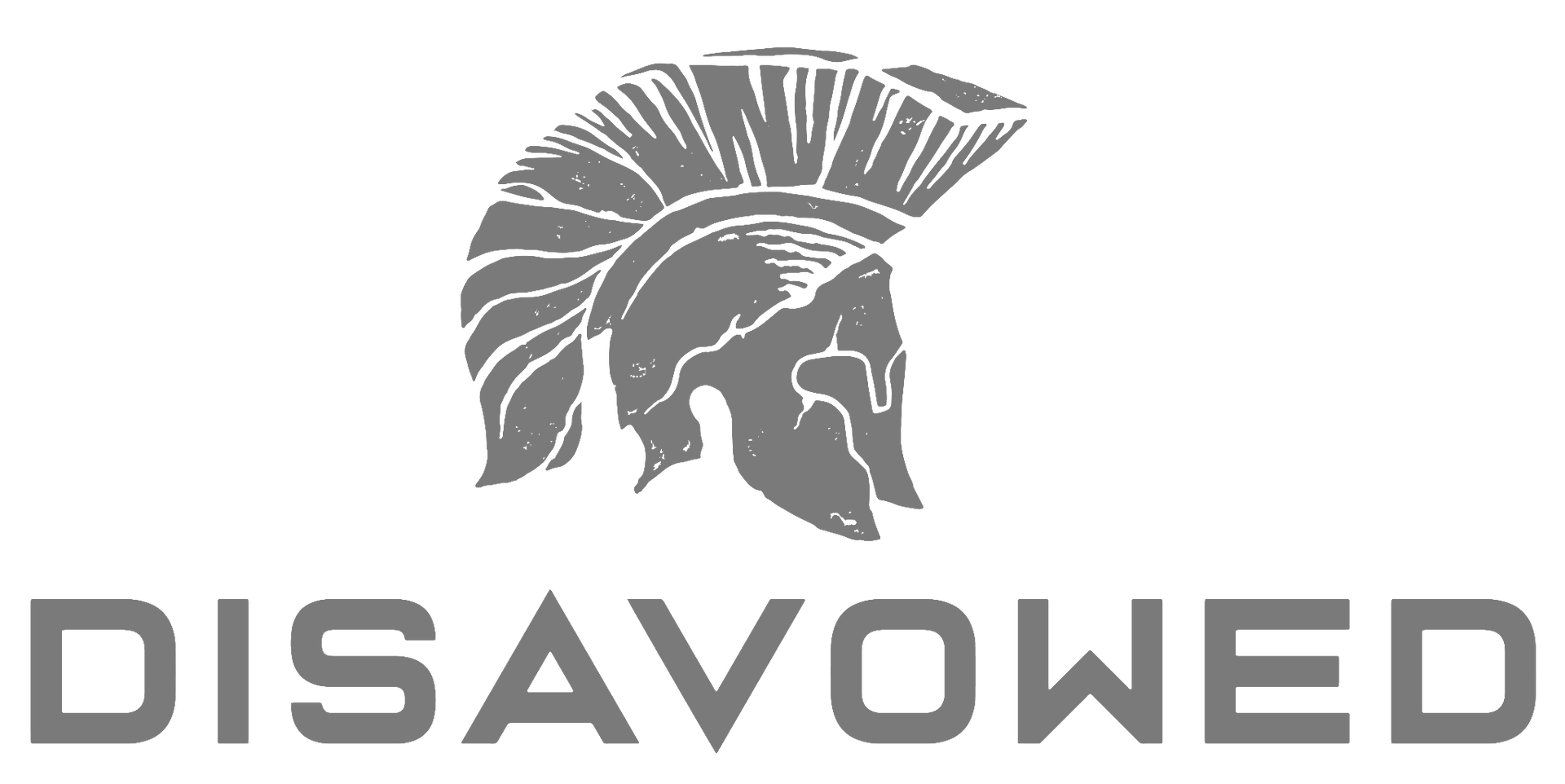 A logo for disavowed with a spartan helmet on a white background.