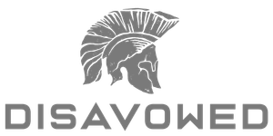 A logo for disavowed with a spartan helmet on a white background.