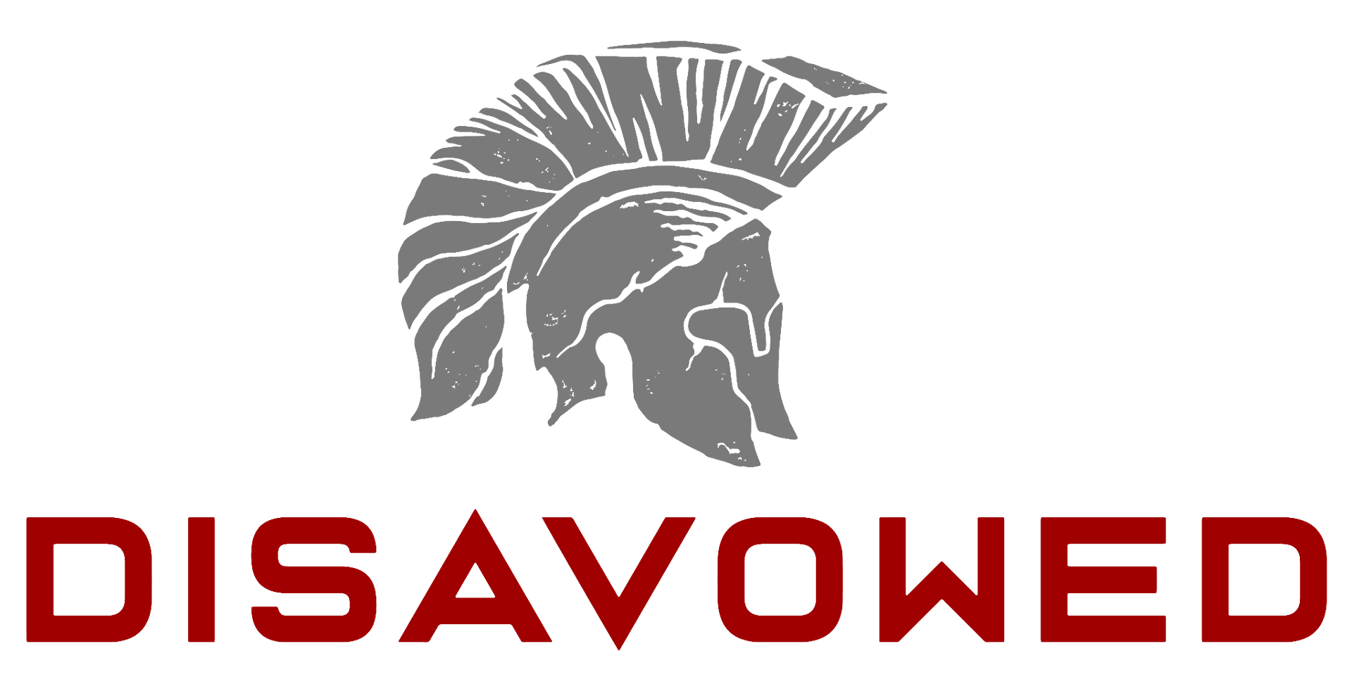 A logo for disavowed with a spartan helmet on a white background.