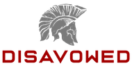 A logo for disavowed with a spartan helmet on a white background.