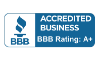 A blue sign that says accredited business bbb rating a+