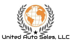 The logo for united auto sales llc shows a globe with a laurel wreath around it.