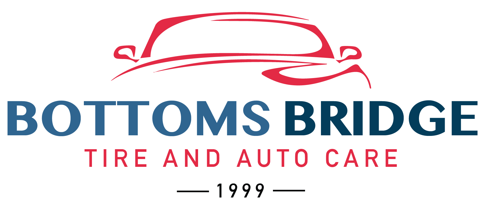 The logo for bottoms bridge tire and auto care is red and blue.