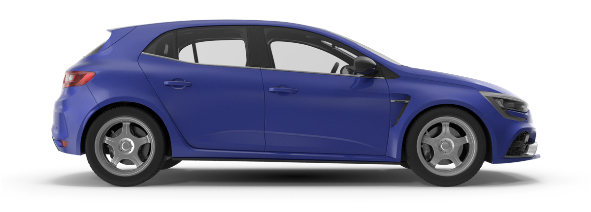 A blue hatchback car is shown from the side on a white background.