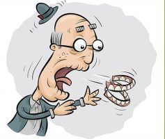 Cartoon of a man with open mouth, glasses, and dentures flying out of his mouth, hat in the air — Maroochy Denture Clinic In Yandina, QLD