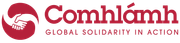 Logo of Comhlámh, global solidarity organization. Features two hands clasping inside a red circle.