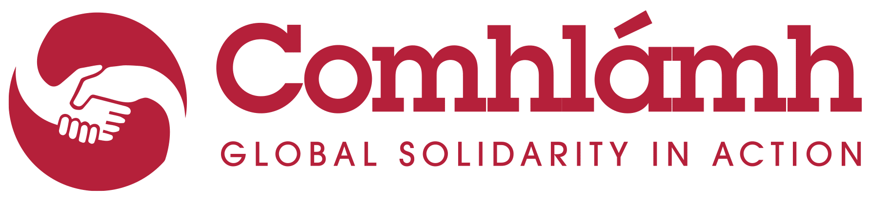 Logo of Comhlámh, global solidarity organization. Features two hands clasping inside a red circle.