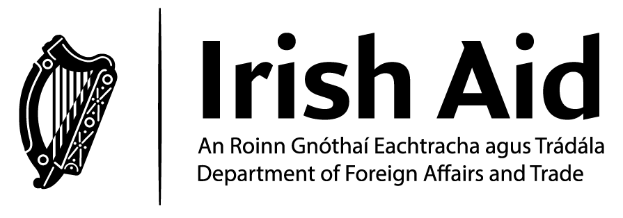 Irish Aid logo with a harp symbol and text in English and Irish.